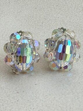 Vintage Aurora Borealis Crystal Cluster Earrings 60s Iridescent Chunky Clip Ons